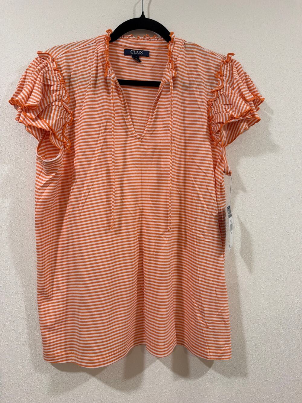 NWT CHAPS WOMEN'S TOP BLUE WHITE STRIPED DOUBLE RUFFLE SHORT SLEEVES TIE NECK